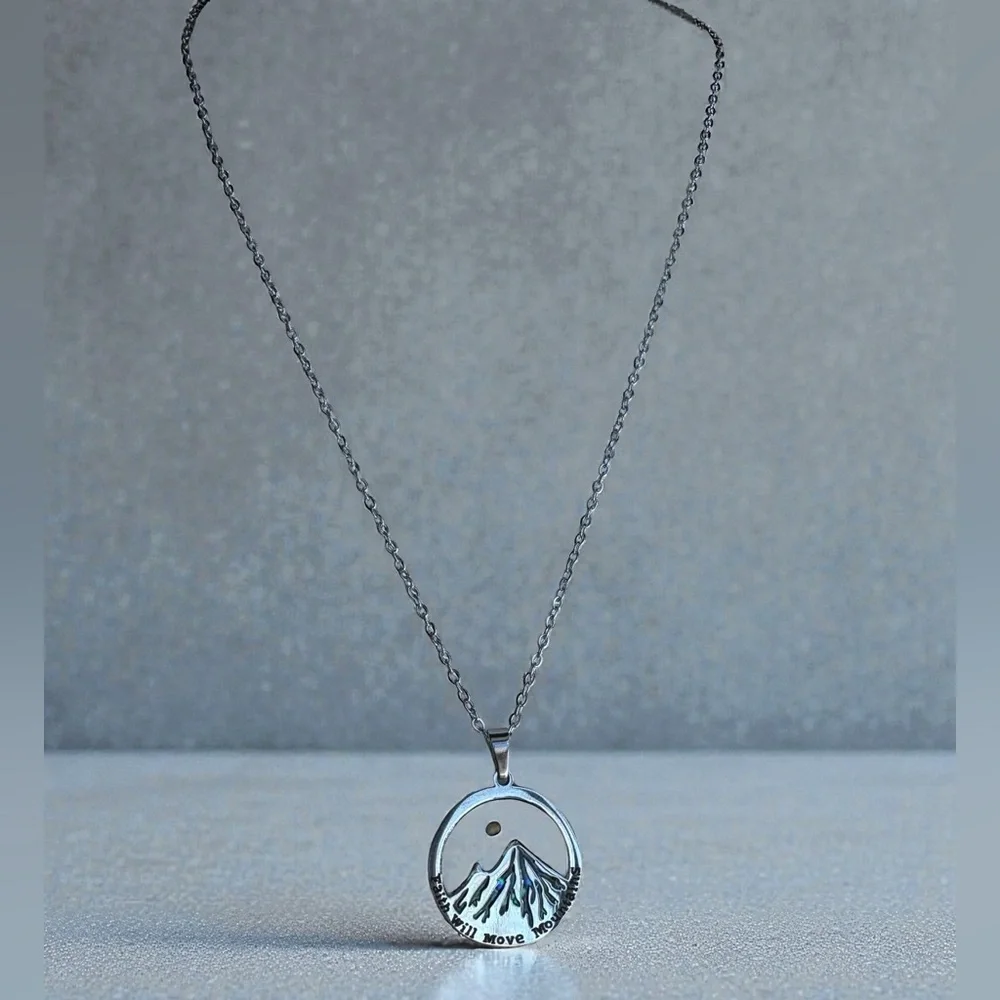Silver Stainless Steel Abalone Mustard Seed Mountain Pendant Necklace